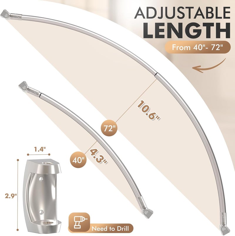Bonpally Curved Shower Curtain Rod for Bathroom, 40-72 Inches Adjustable Curved Shower Rod, 0.9MM Rustproof Shower Curtain Rod with Rotating Brackets for Extra Shower Space, Need To Drill, Brush Nickel - Image 4